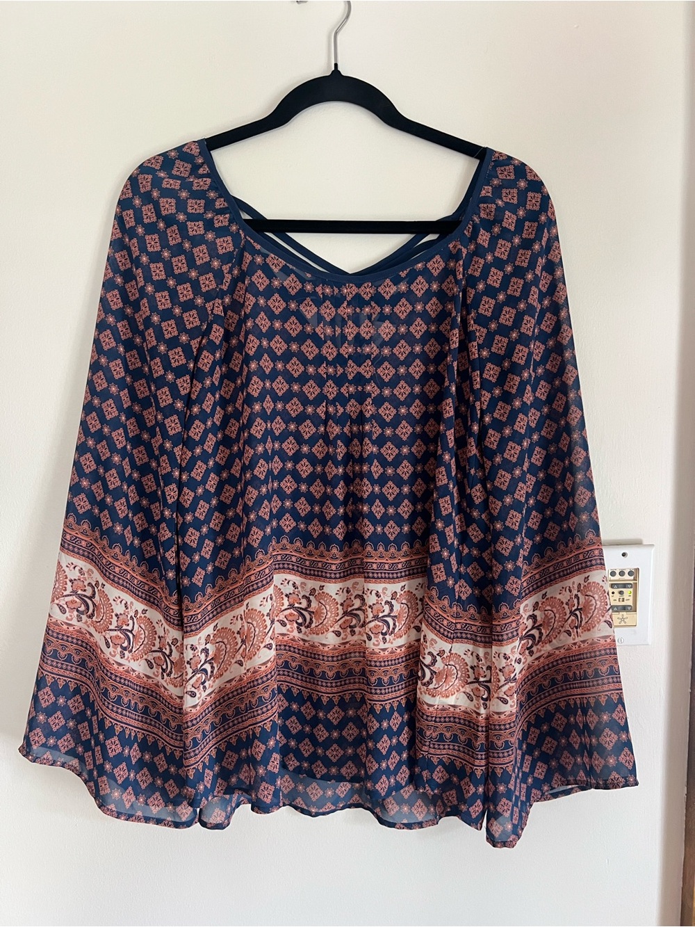 Women's Navy and Pink She Patterned Boho Top